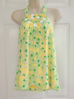 Lilly Pulitzer 100% Silk Floral Halter Top Size 6 Butter Yellow Rosettes Y2K